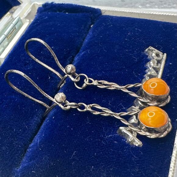 Antique vintage 800 silver Butterscotch egg yolk amber hook drop dangle earrings - Picture 3 of 10